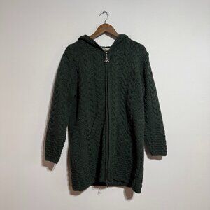 100% Merino Wool Knit Long Green Zippered Cardigan by Aran Craft Ireland, Large